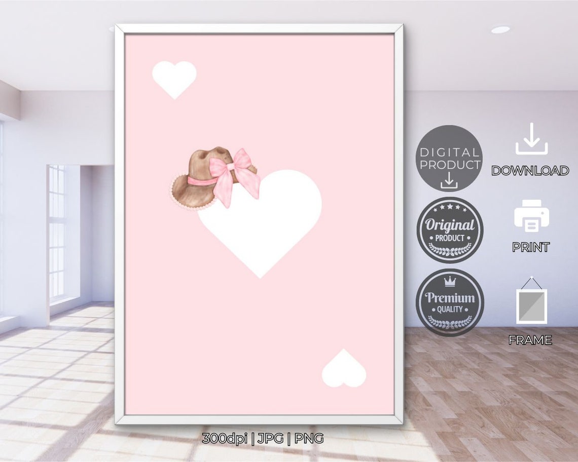 Pink Cowboy Hat With Bow And Hearts Coquette Watercolor Wall Poster
