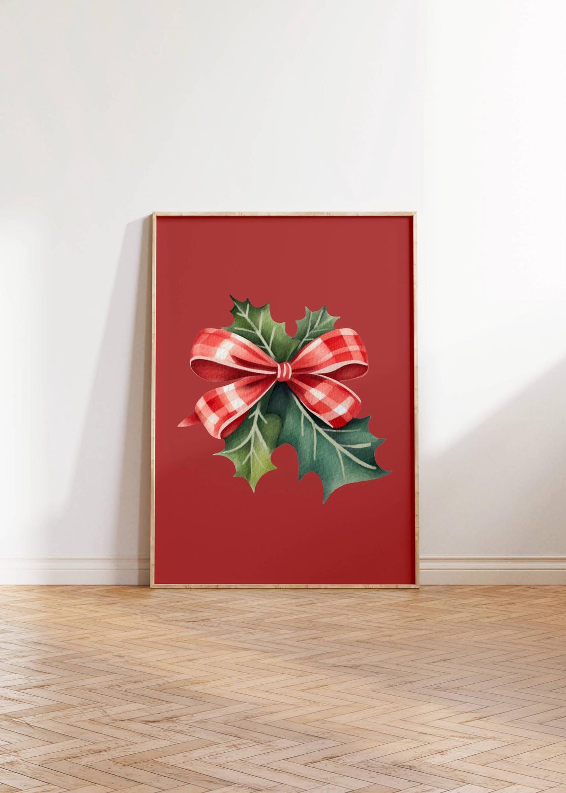 Red Gingham Bow with Holly Leaves Watercolor Festive Christmas Poster - Image 2