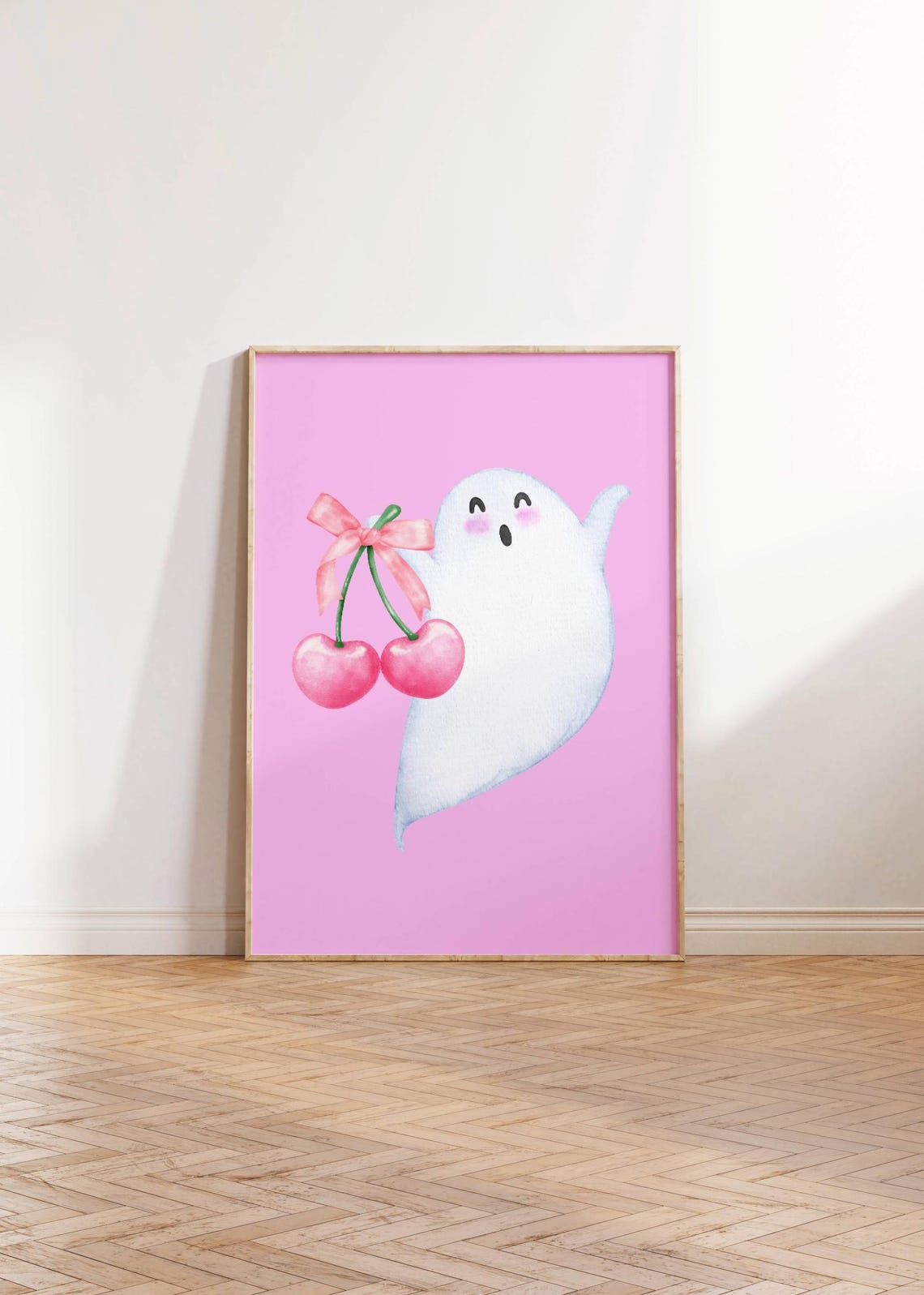 Cute Ghost With Pink Cherries Girly Halloween Watercolor Poster - Image 3