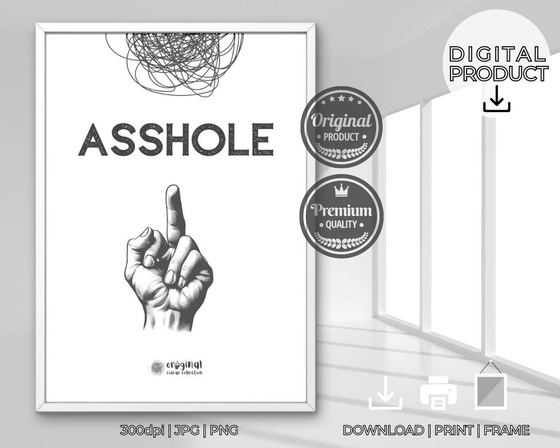 Asshole Funny Swear Word Middle Finger Sketch Cheeky Bathroom Poster - Image 3