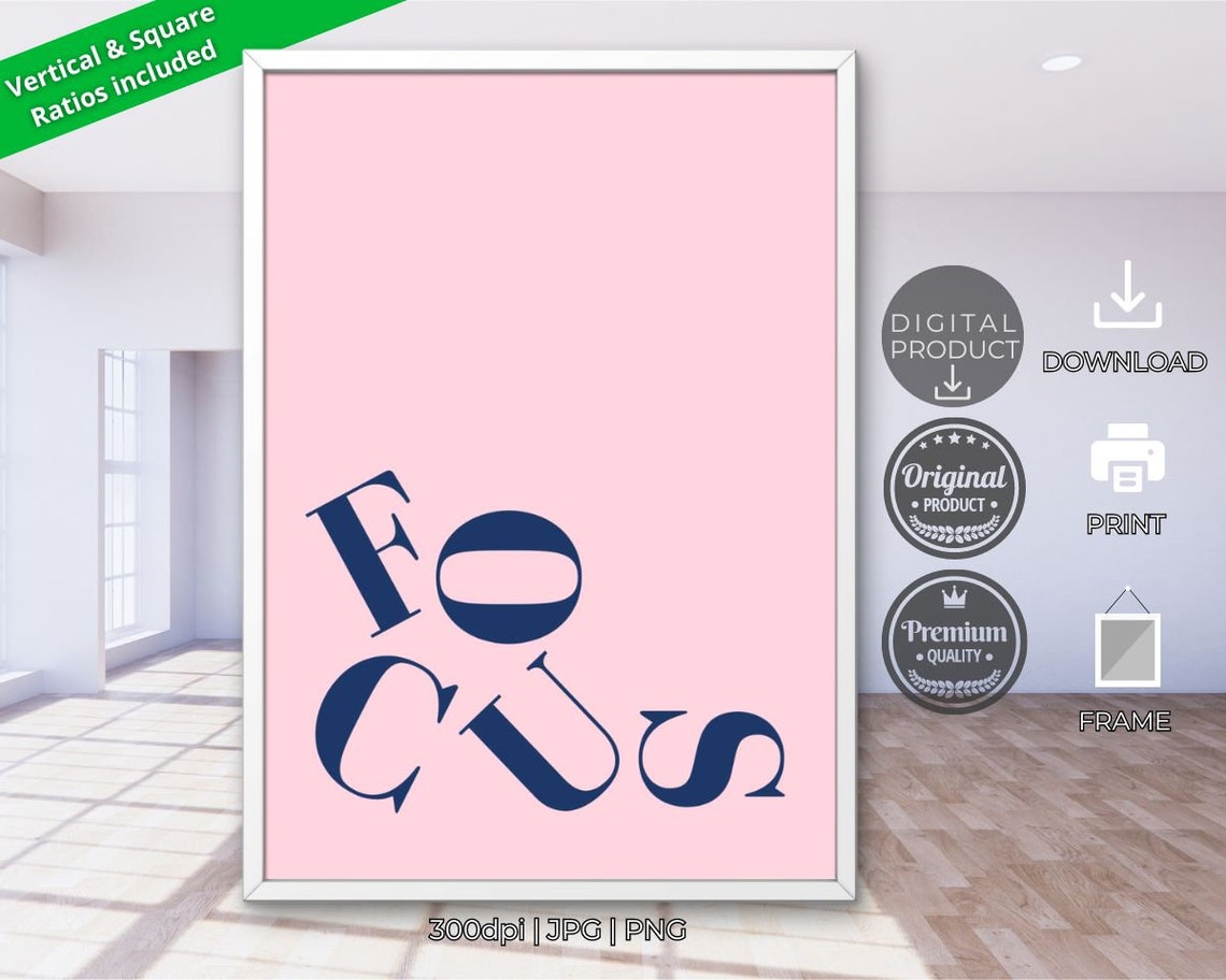 Focus Wavy Typography Navy Pink Minimalist Motivational Word Art Poster