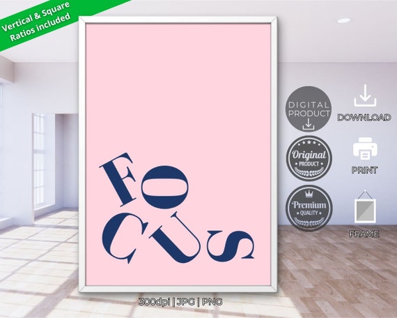 Focus Wavy Typography Navy Pink Minimalist Motivational Word Art Poster