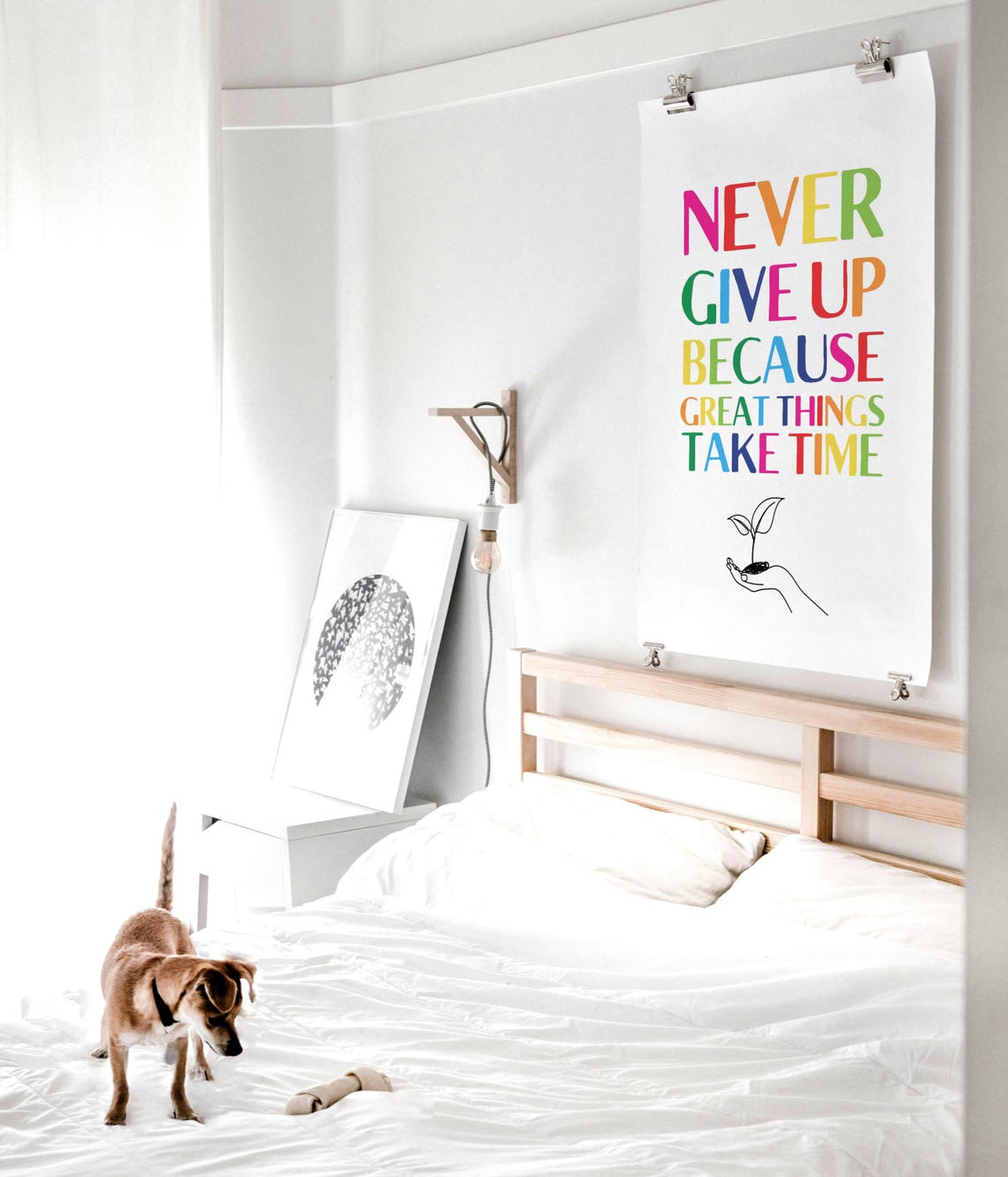 Never Give Up Rainbow Lettering Hand Sprout Growth Quote Poster - Image 3