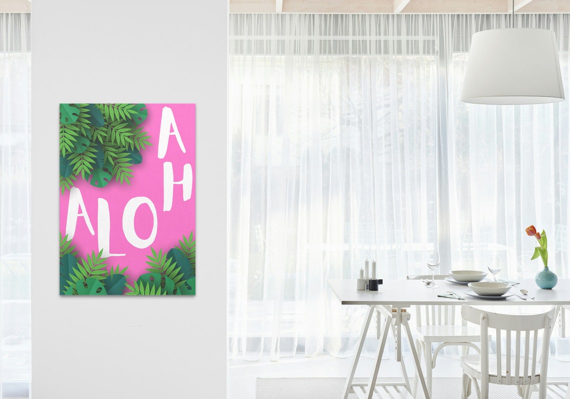 Aloha Tropical Leaves Pink Background Hawaiian Style Quote Poster - Image 3