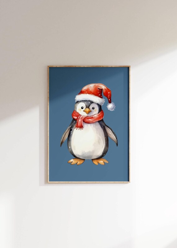 Adorable Penguin Wall Art Christmas Holiday Decor Festive Penguin Watercolor Cozy Winter Nursery Artwork Cute Christmas Poster