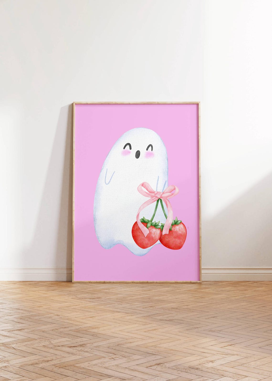 Adorable Ghost With Strawberries Pink Bow Cute Halloween Poster - Image 3