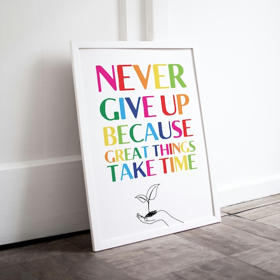 Never Give Up Rainbow Lettering Hand Sprout Growth Quote Poster