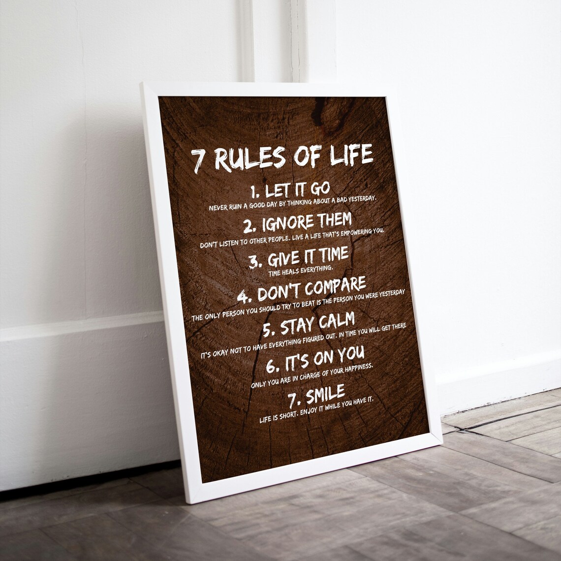 7 Rules of Life Brown Wood Background Inspirational Quote Poster
