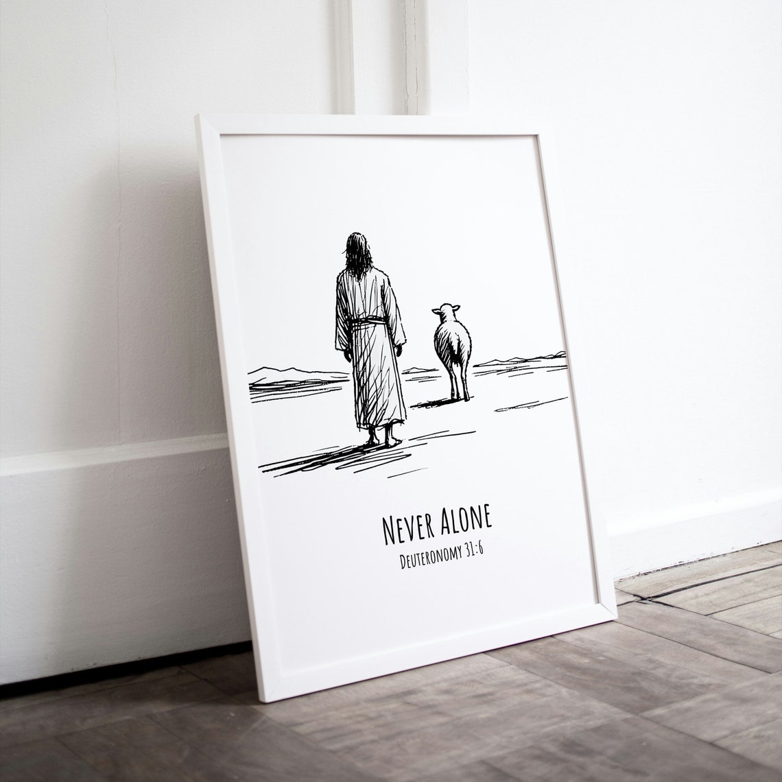 Never Alone Jesus Shepherd Sheep Line Art Christian Bible Verse Poster - Image 2