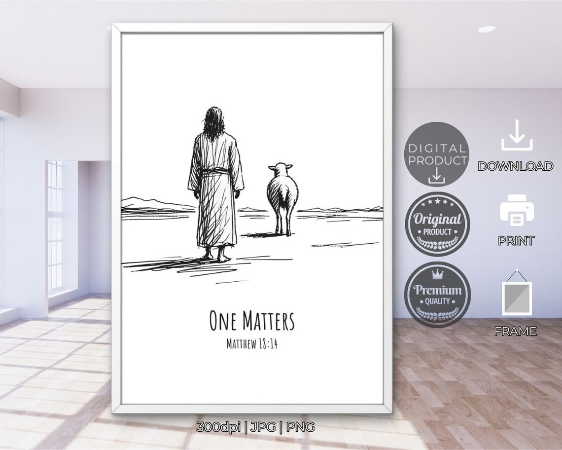 One Matters Matthew 18 14 Good Shepherd Jesus Sheep Line Art Christian Poster