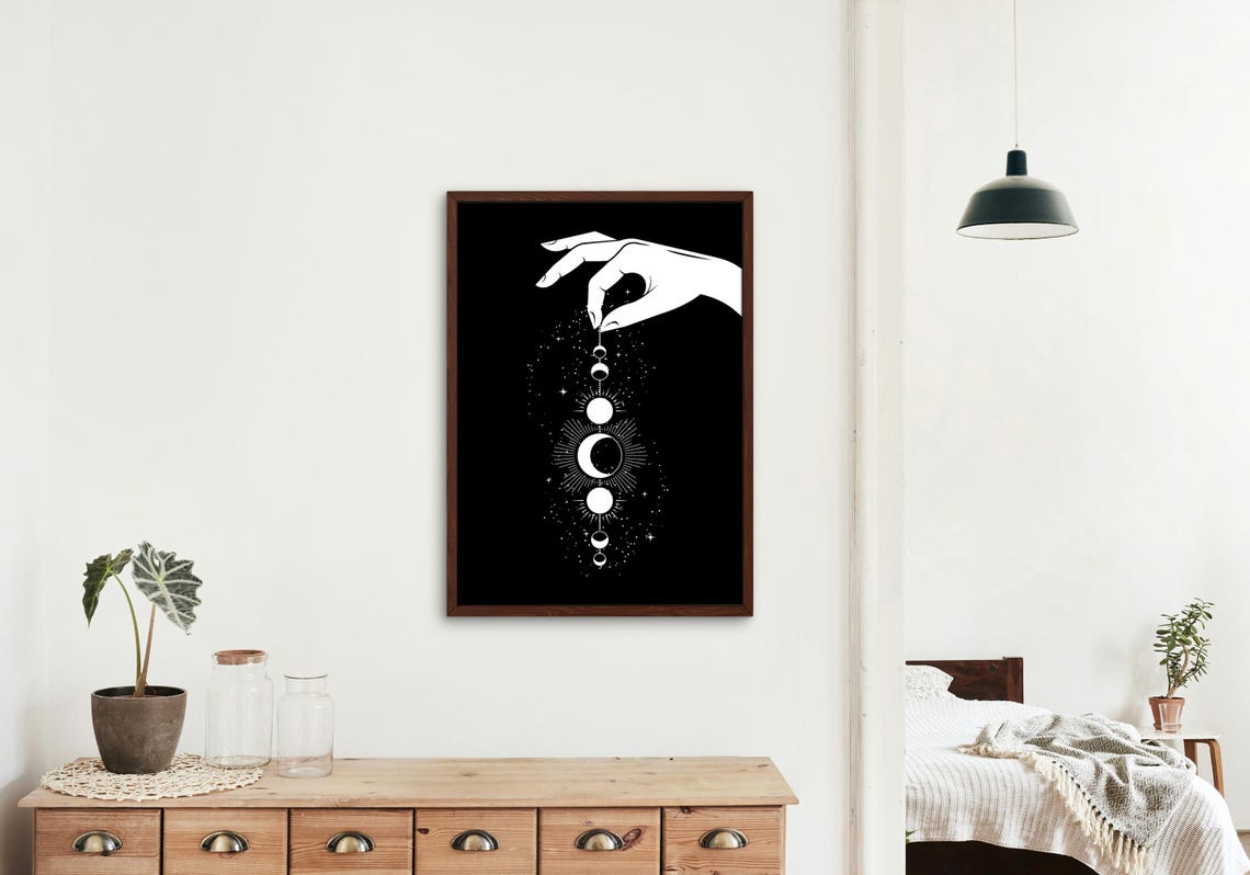 Celestial Hand Holding Moon Phases Poster Black Mystical Starry Decor - Image 2