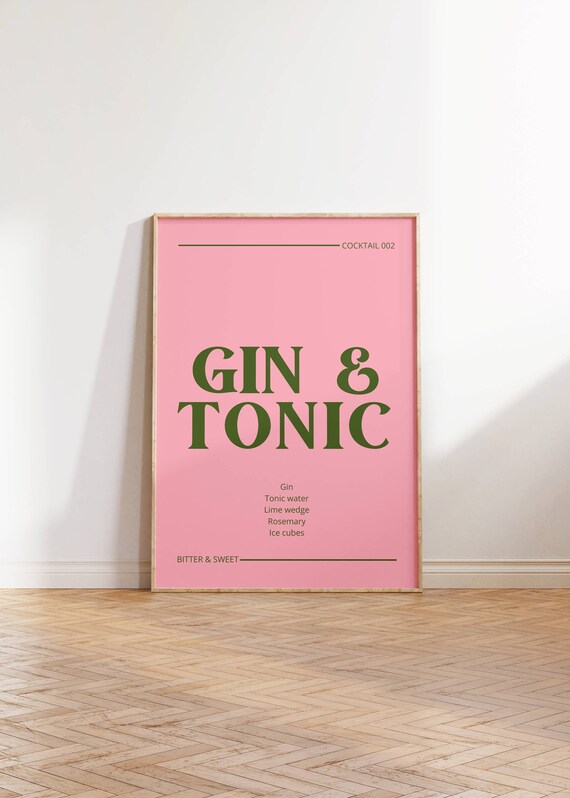 Gin and Tonic Cocktail Recipe Pink Green Minimalist Bar Kitchen Art Poster