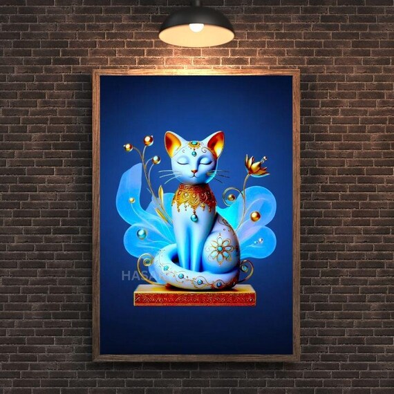 Jeweled Blue Cat With Golden Details Fantasy Portrait Poster