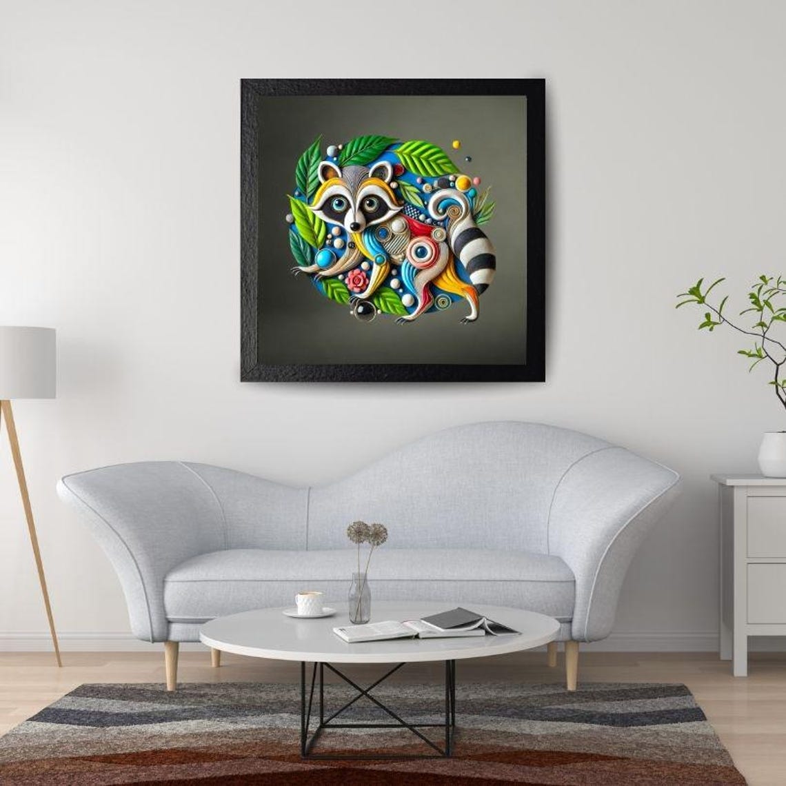 Colorful Paper Quill Raccoon Circle Botanical Whimsical Art Poster - Image 3