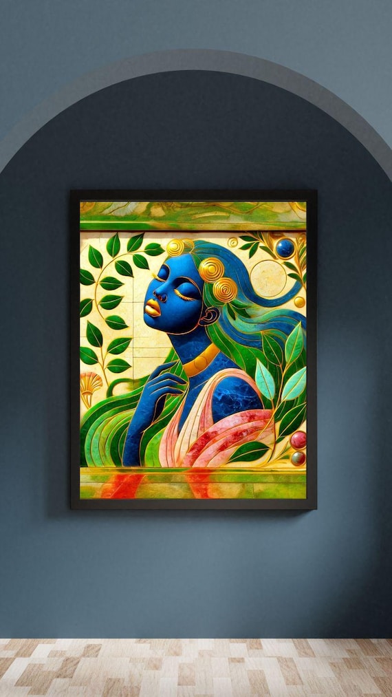 Blue Goddess with Green Leaves Stained Glass Style Portrait Poster