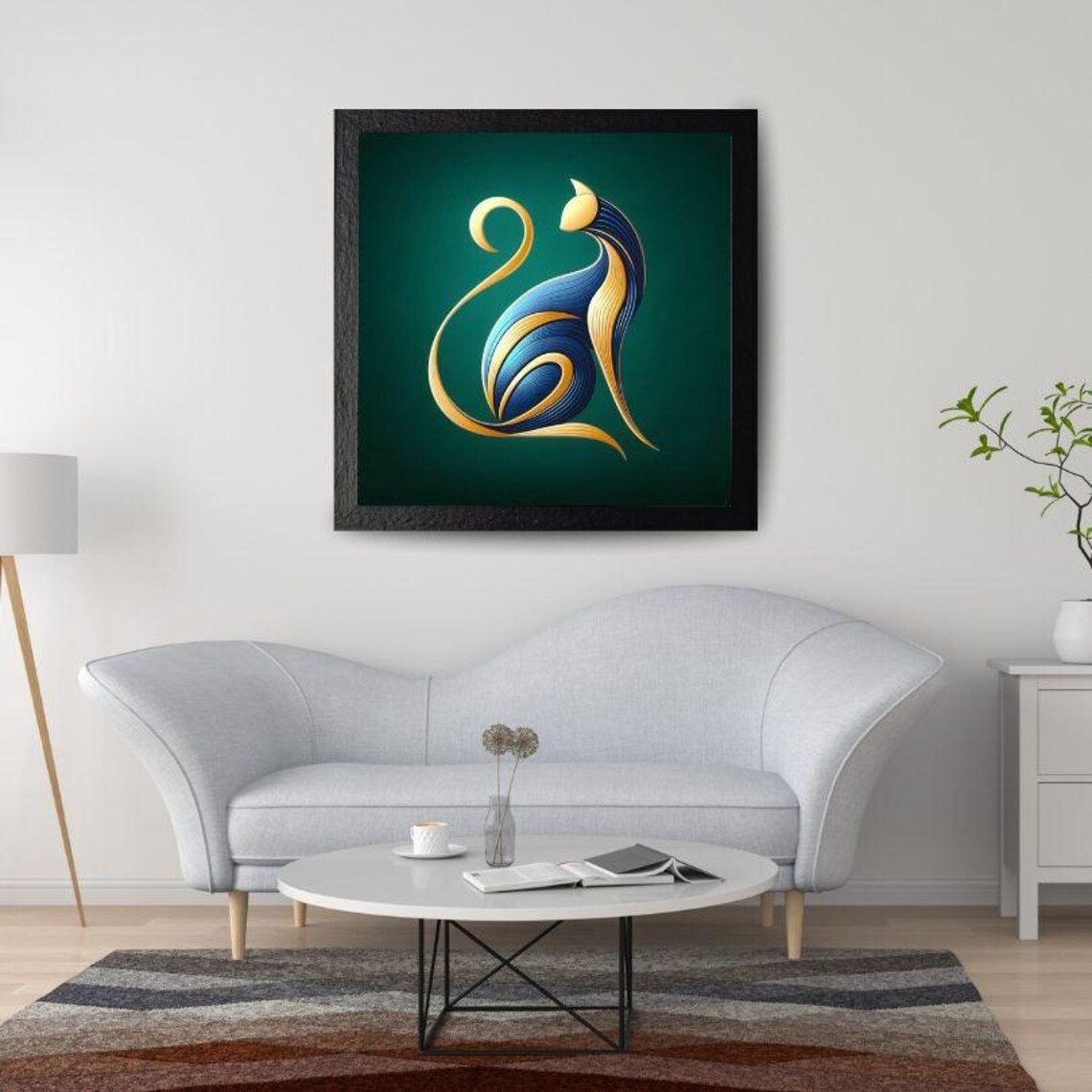 Blue Gold Flowing Line Sitting Cat Minimalist Modern Art Poster - Image 2