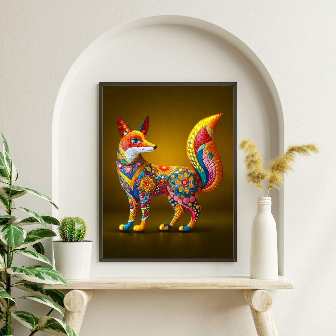 Vibrant Patterned Fox with Floral Folk Art Design on Gold Poster - Image 3
