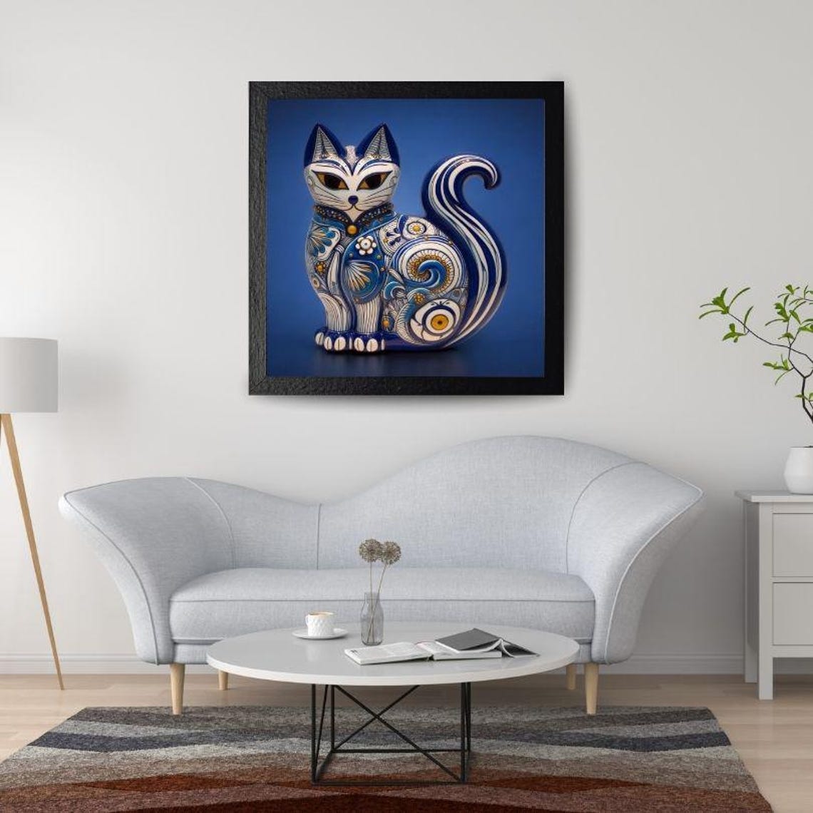 Blue and White Porcelain Cat in Talavera Style Decorative Art Poster - Image 2