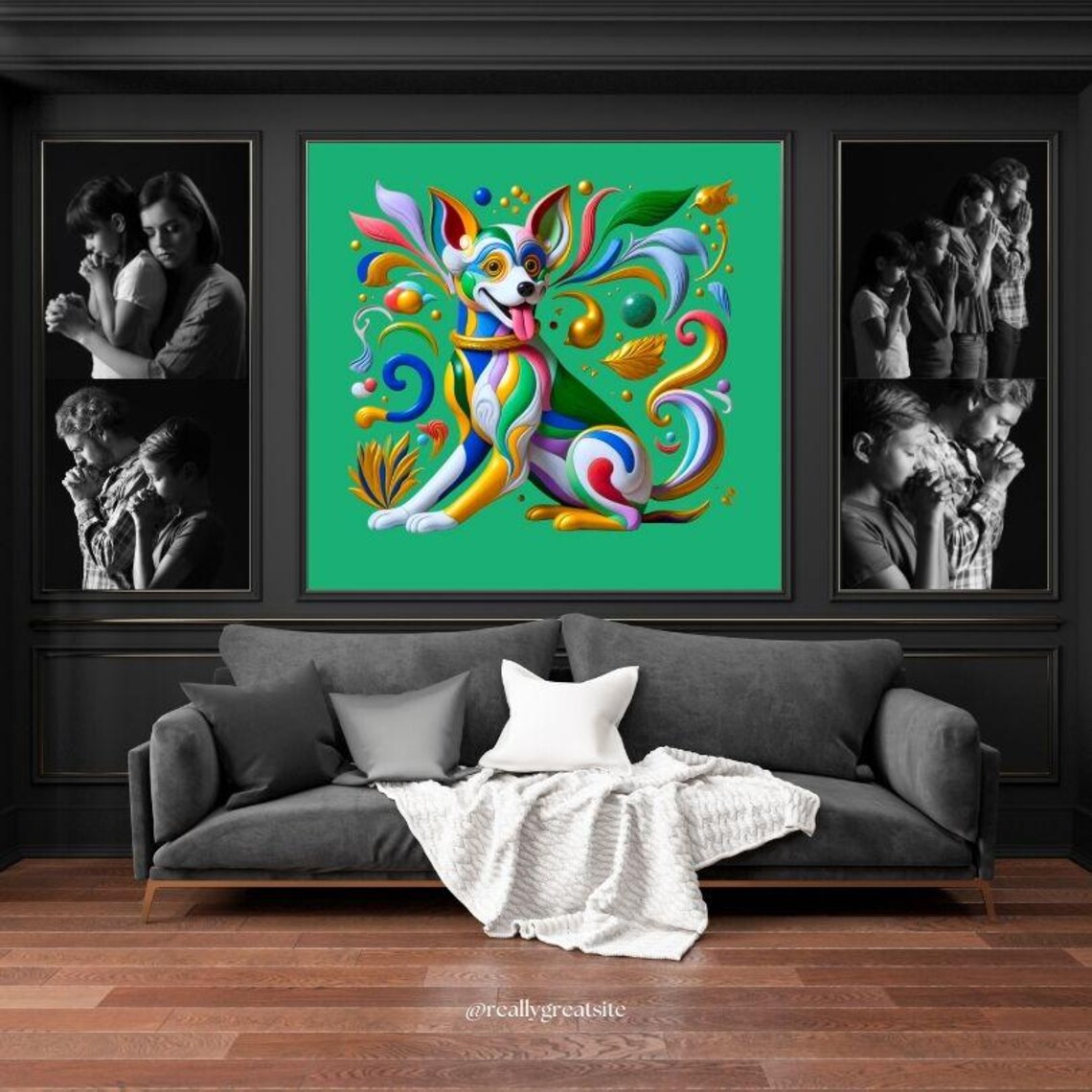 Joyful Rainbow Dog with Tongue Out on Bright Green Art Poster - Image 3