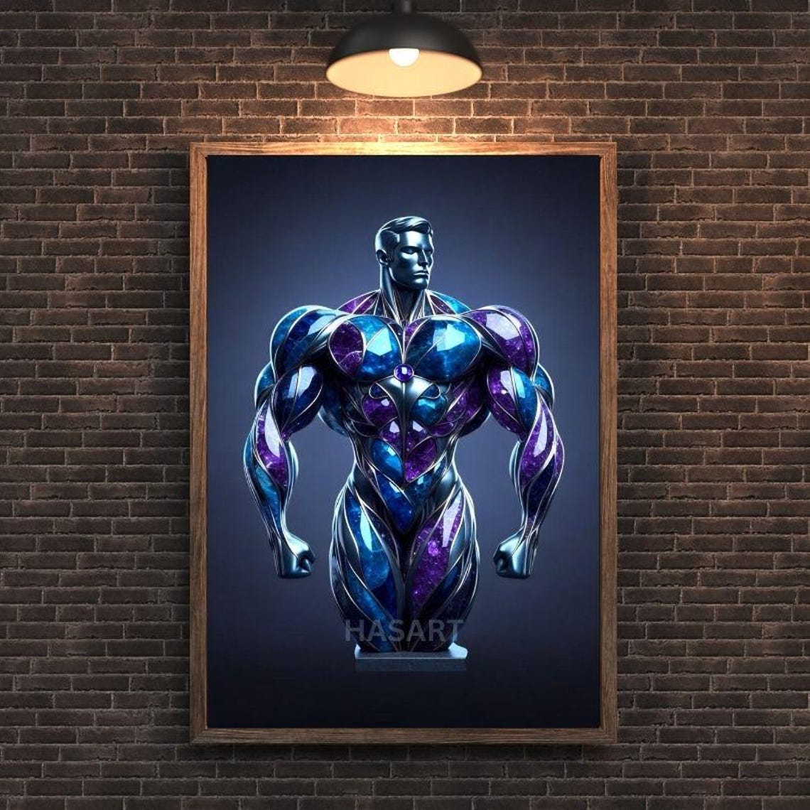Towering Purple Blue Metallic Bodybuilder Front Pose Art Poster