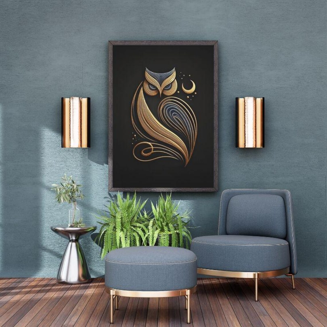 Gold Line Art Owl With Crescent Moon Minimalist Night Art Poster - Image 2