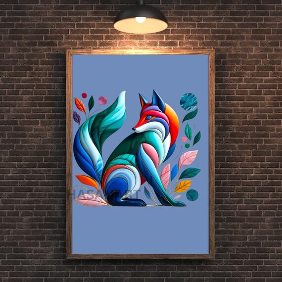 Rainbow Multicolor Sitting Fox With Leaves Modern Art Poster