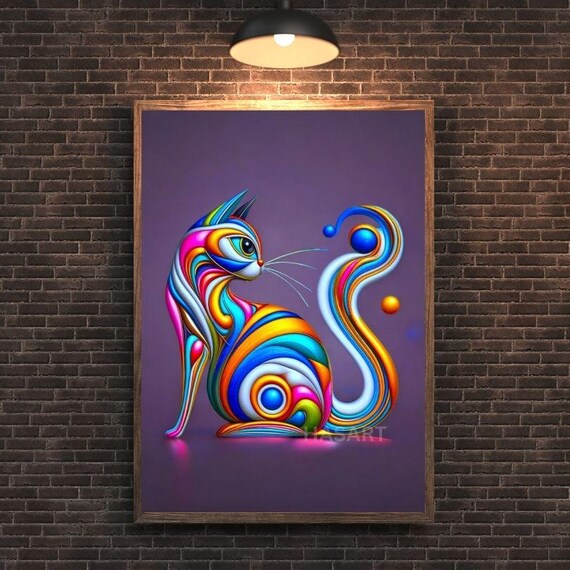 Rainbow Swirl 3D Ribbon Cat Modern Abstract Colorful Art Poster