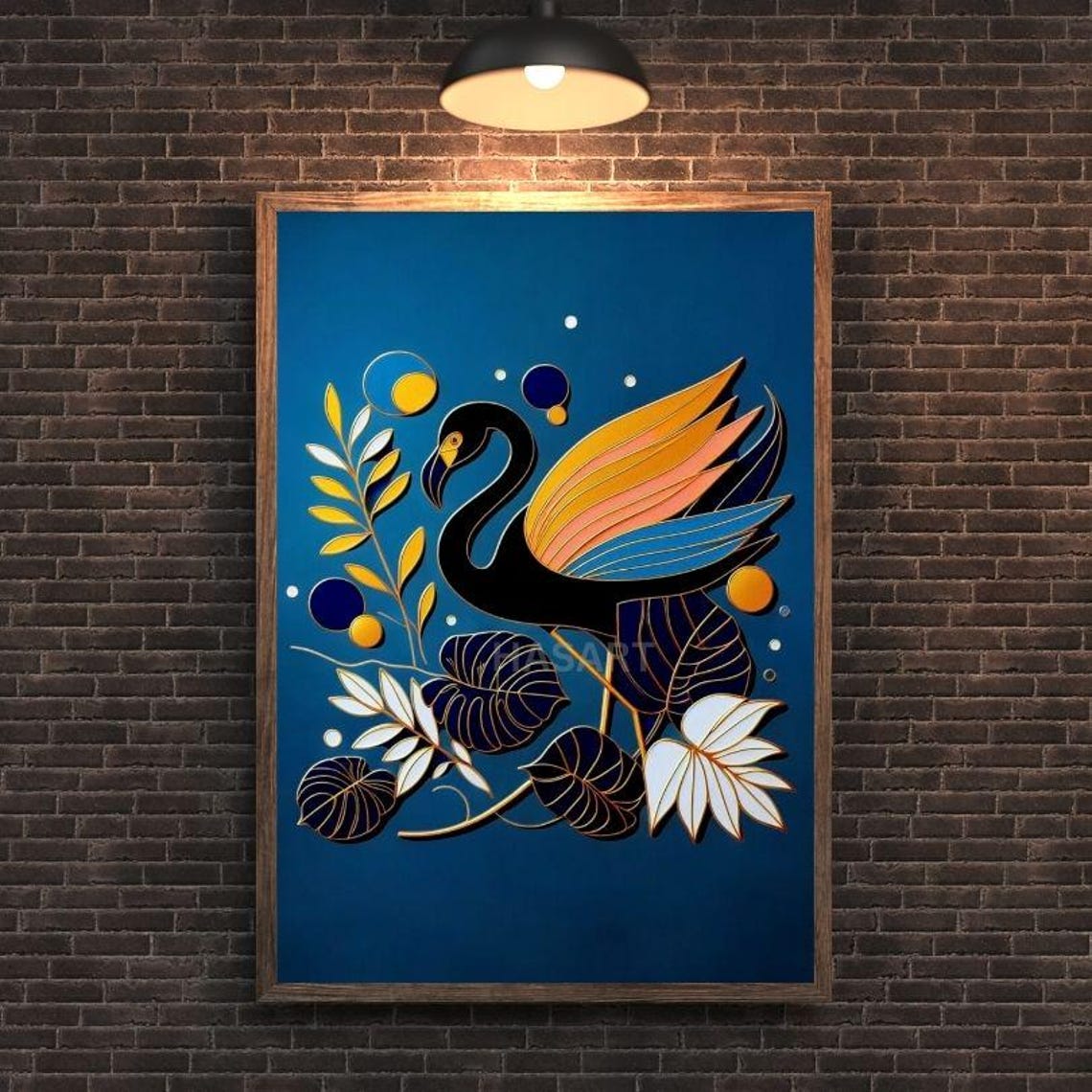 Black Swan Spreading Orange Wings Among Tropical Leaves Poster