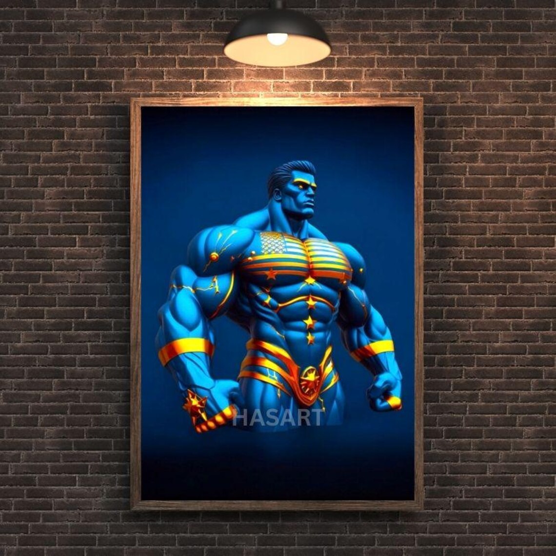 Blue Superhero Muscle Man Gold Stars Patriotic Modern Art Poster