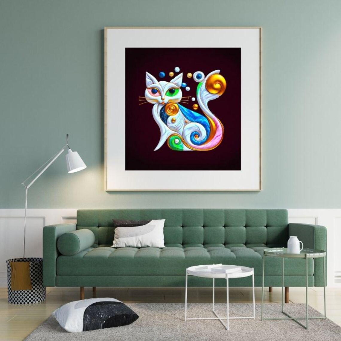 Whimsical White Cat with Swirling Rainbow Colors Art on Burgundy Poster - Image 2