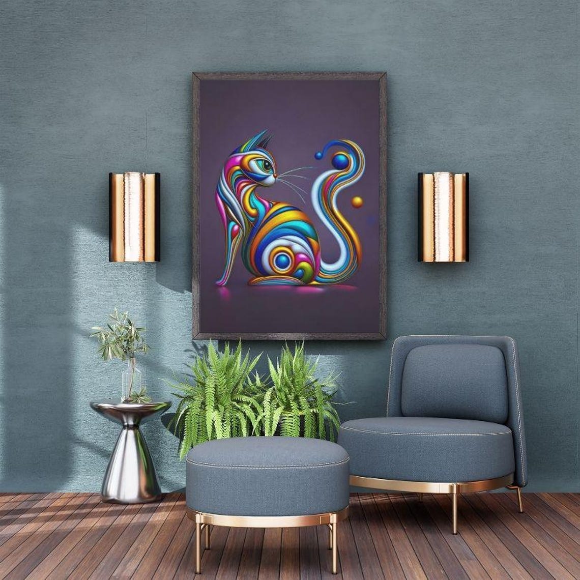 Rainbow Swirl 3D Ribbon Cat Modern Abstract Colorful Art Poster - Image 3
