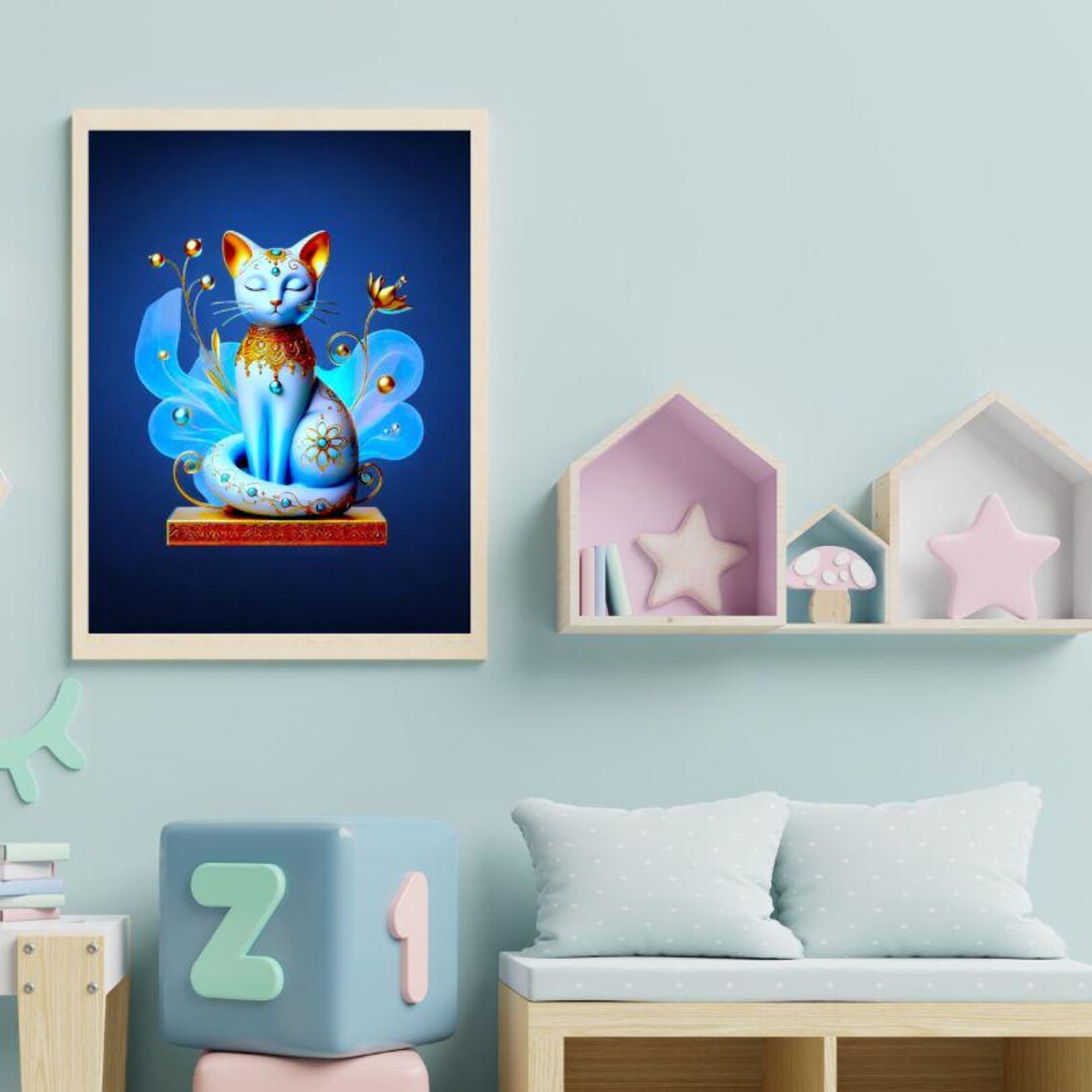 Jeweled Blue Cat With Golden Details Fantasy Portrait Poster - Image 2