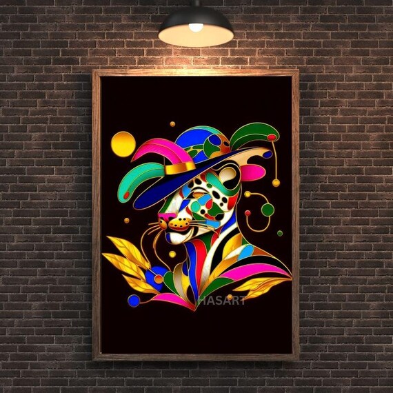 Multicolor Leopard Face Carnival Feathered Hat Pop Art Poster
