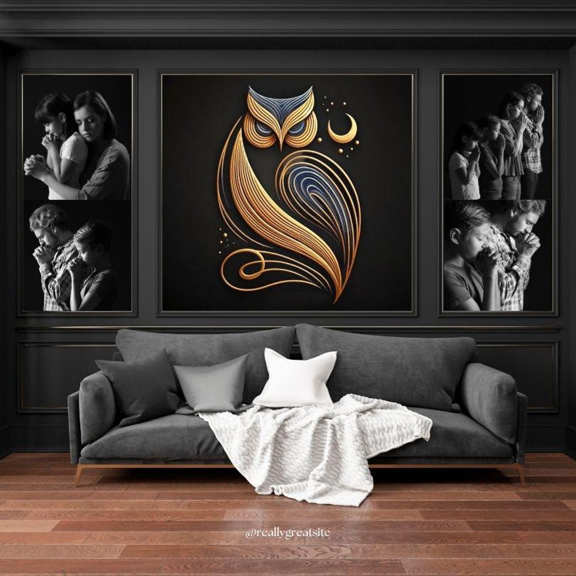 Gold Line Art Owl With Crescent Moon Minimalist Night Art Poster - Image 3