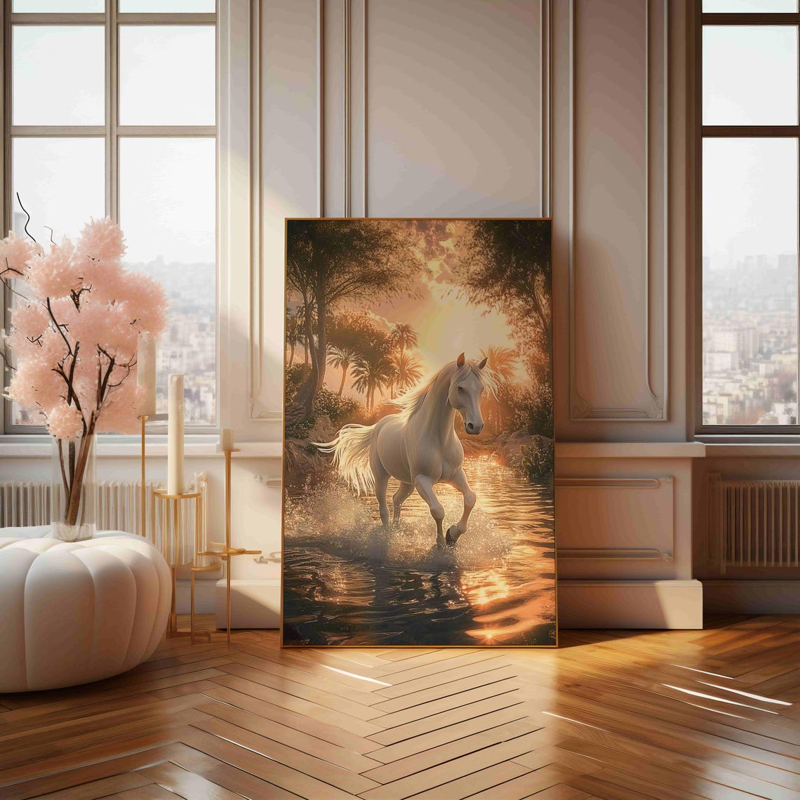 White Horse Galloping Through Water At Golden Sunset Scene Poster - Image 4