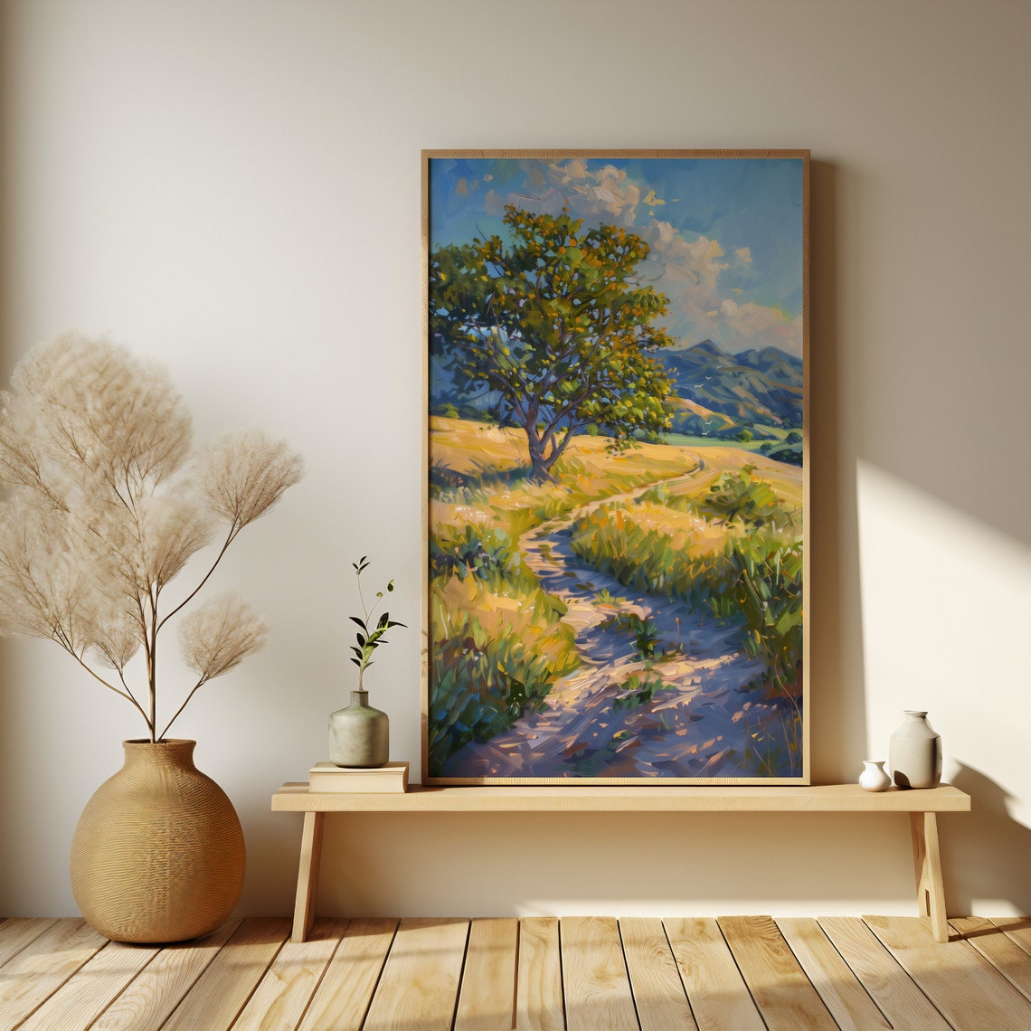 Sunlit Country Path Through Golden Meadow Summer Landscape Poster - Image 3