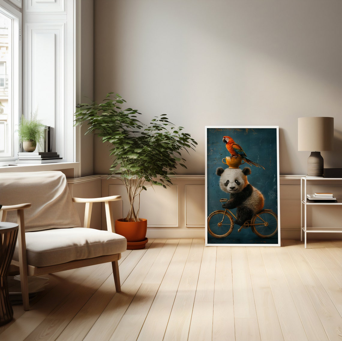 Panda Riding a Bicycle With Parrot on Its Head Whimsical Poster - Image 4