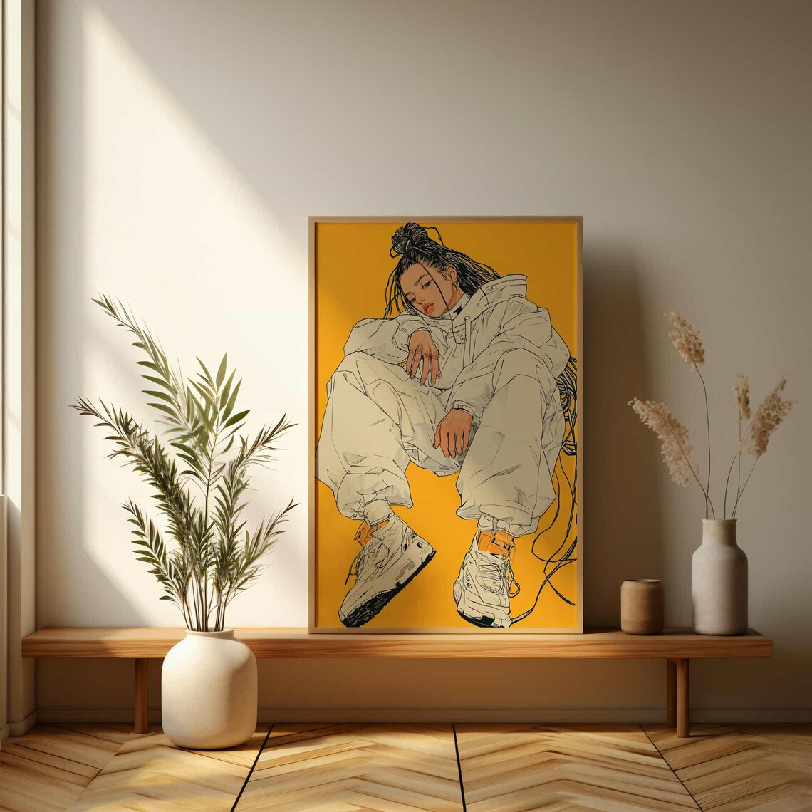 Anime Style Streetwear Girl on Yellow Background Modern Art Poster - Image 3