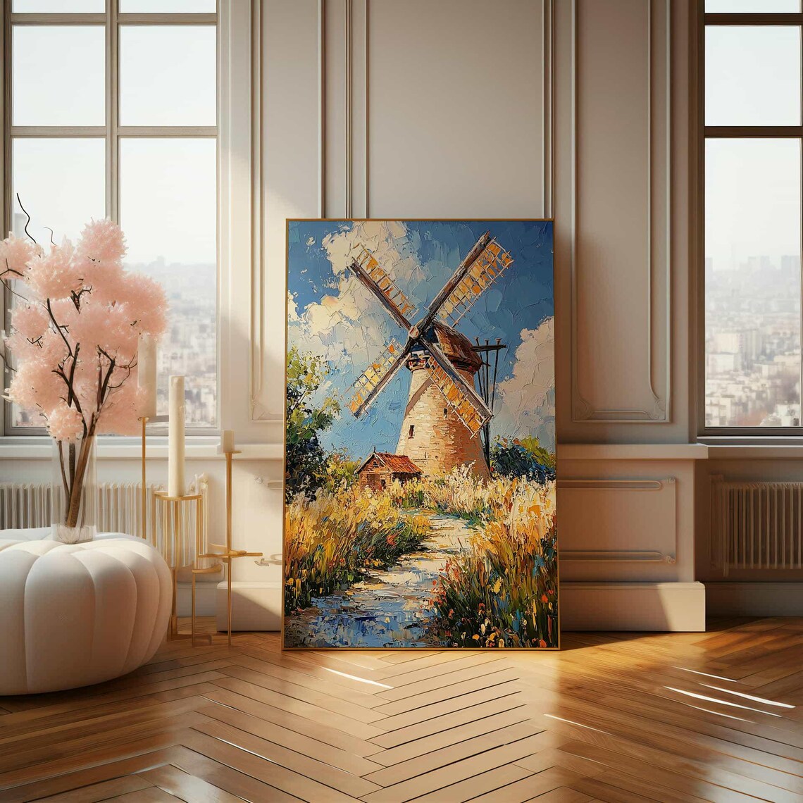 Dutch Windmill in Golden Wheat Field Impasto Oil Painting Poster - Image 4