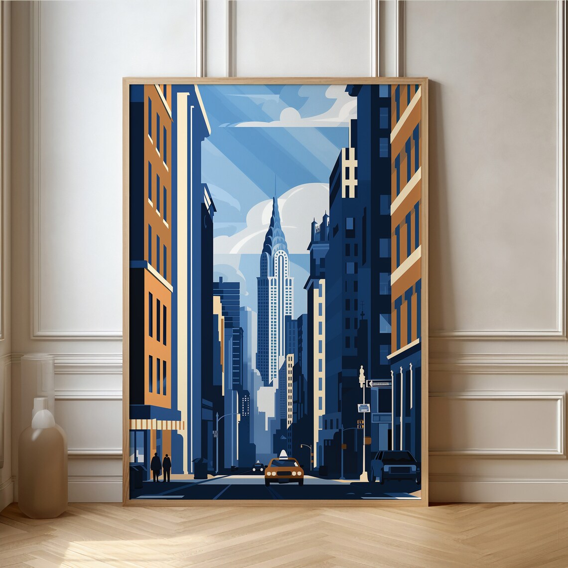 New York City Skyline Art With Chrysler Building and Taxi Poster