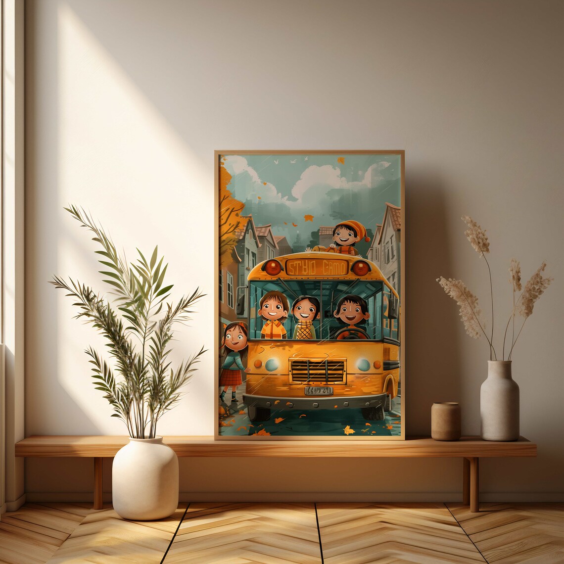Yellow School Bus Ride Happy Cartoon Kids Autumn Street Poster - Image 3
