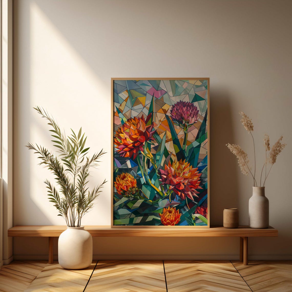 Glowing Stained Glass Protea Flowers Orange Geometric Mosaic Poster - Image 3