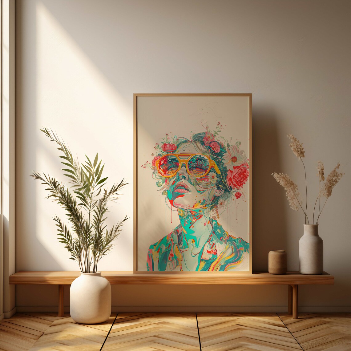 Woman In Yellow Sunglasses Colorful Floral Illustration Poster - Image 3