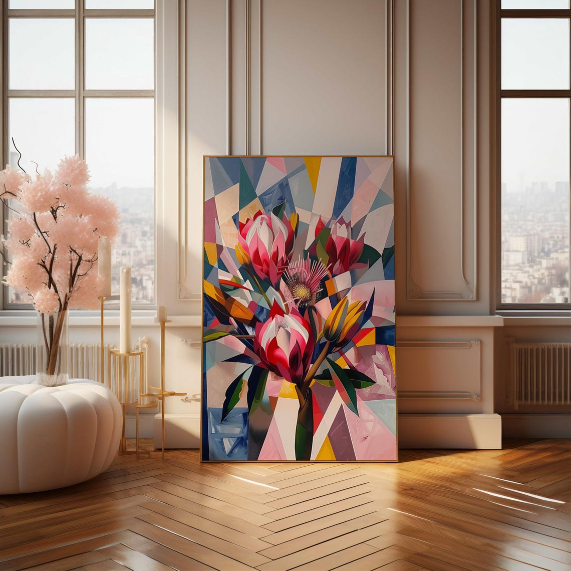 Fragmented Cubist Protea Bouquet Pink Pastel Mosaic Artwork Poster - Image 4