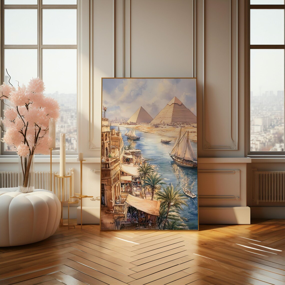 Giza Pyramids By The Nile With Felucca Boats Egypt Travel Poster - Image 4