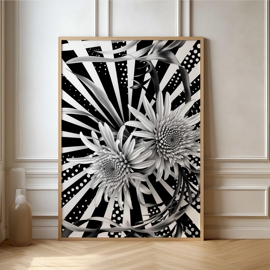 Dynamic Floral Contrast Bold Black And White Flower Poster With Radiant Background For Modern Interiors