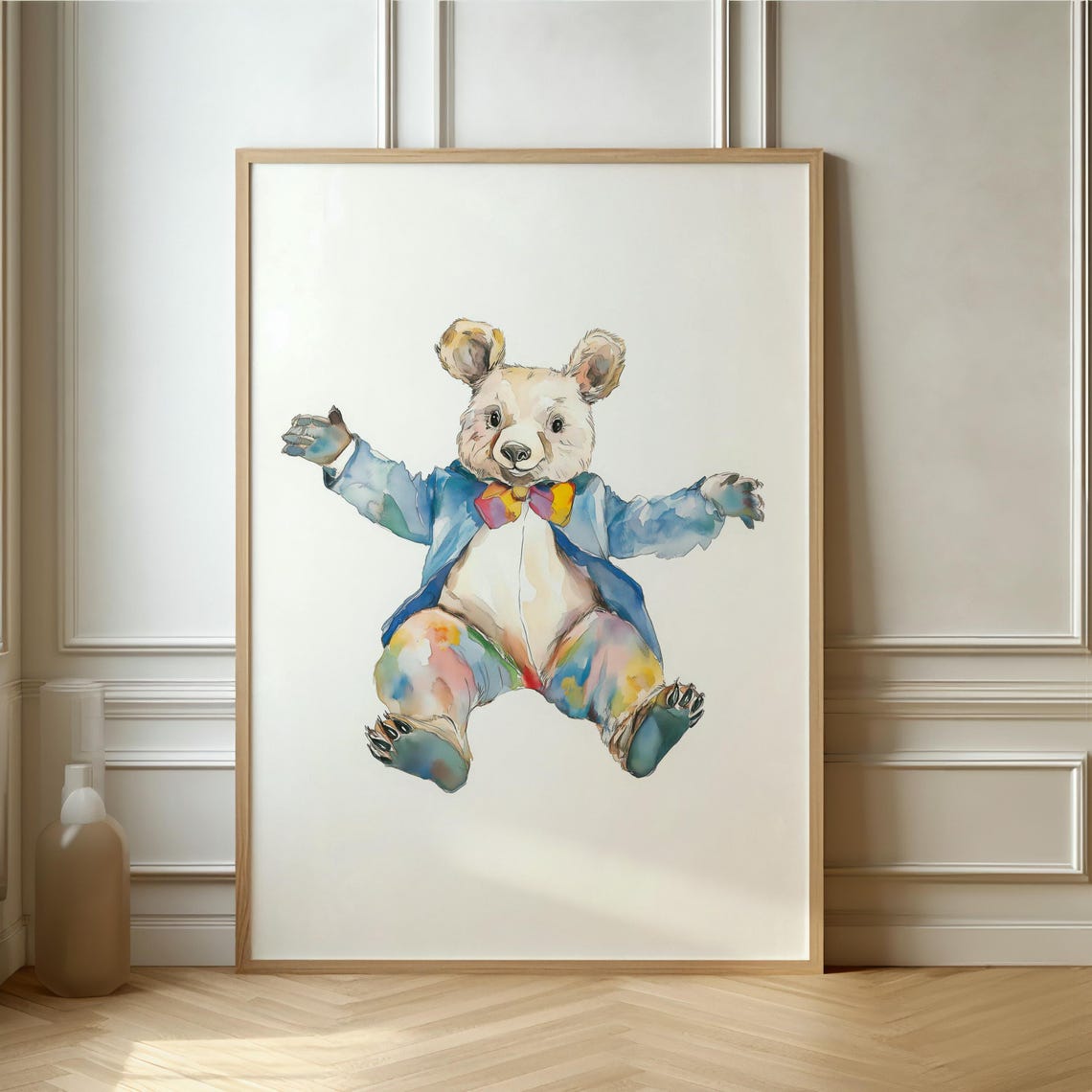 Dancing Bear In Blue Jacket Watercolor Whimsical Nursery Poster