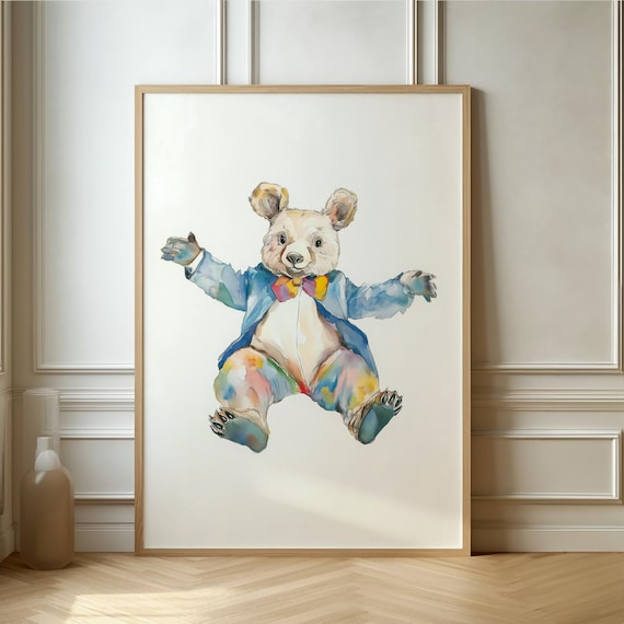 Dancing Bear In Blue Jacket Watercolor Whimsical Nursery Poster