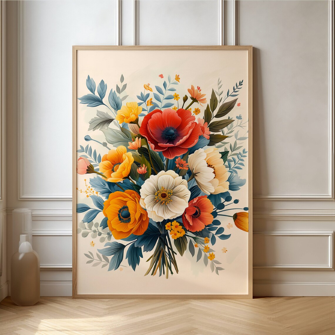 Red And Orange Poppy Bouquet Cheerful Vintage Illustration Art Print