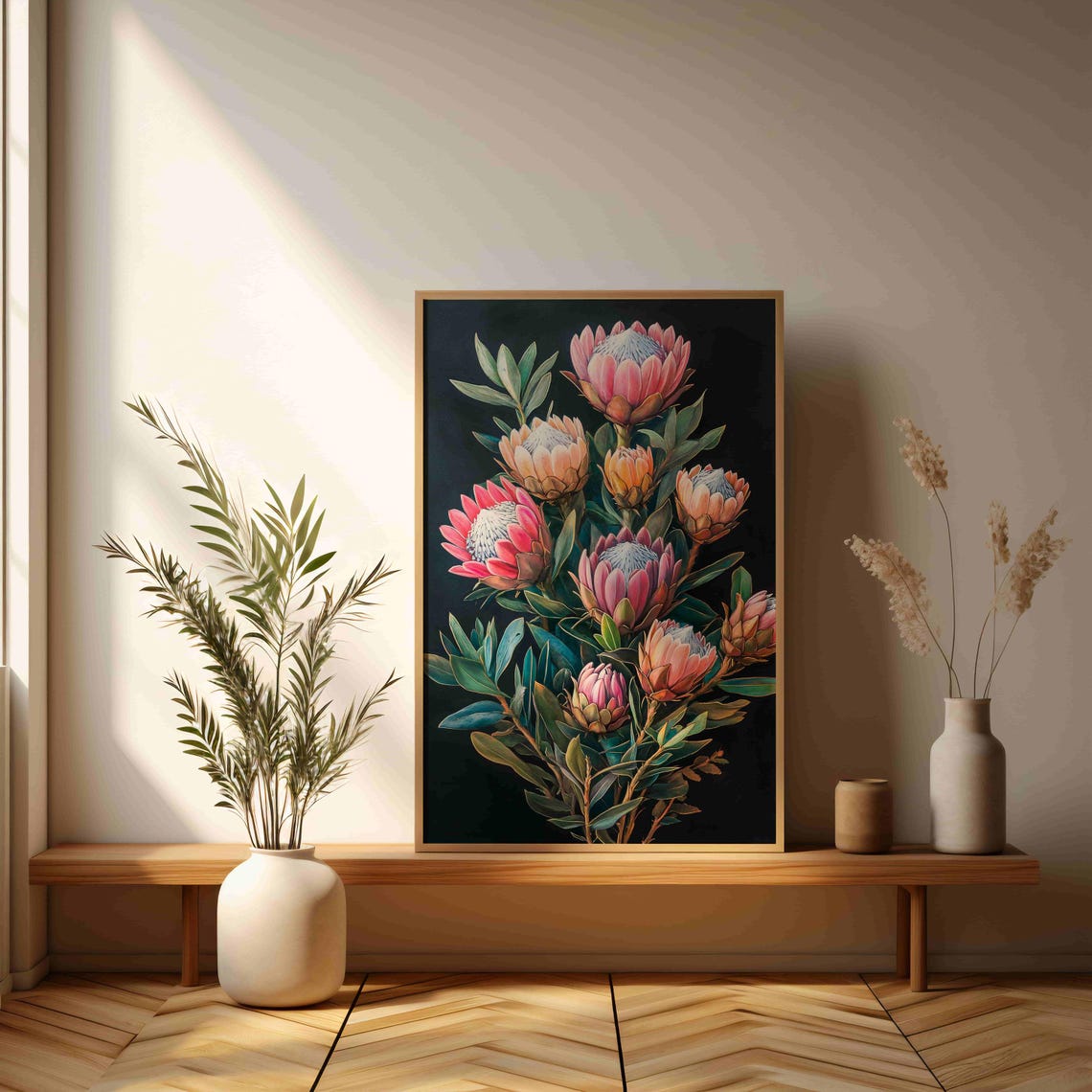 King Protea Flowers Bouquet On Black Exotic Botanical Art Print - Image 3